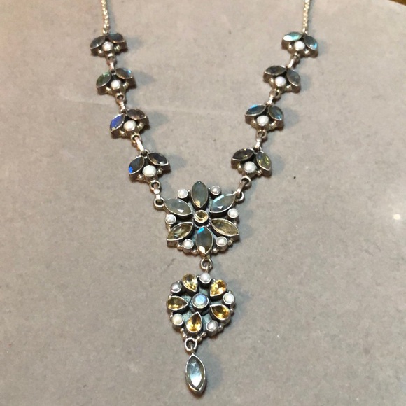 Lavaliere Sterling Labradorite, Citrine, Pearls Necklace - Picture 2 of 14